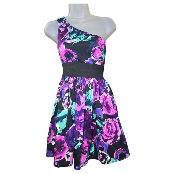 Necessary Object Wom XS One Shoulder Floral Mini Dress Teen College Dance HOCO - Picture 1 of 8
